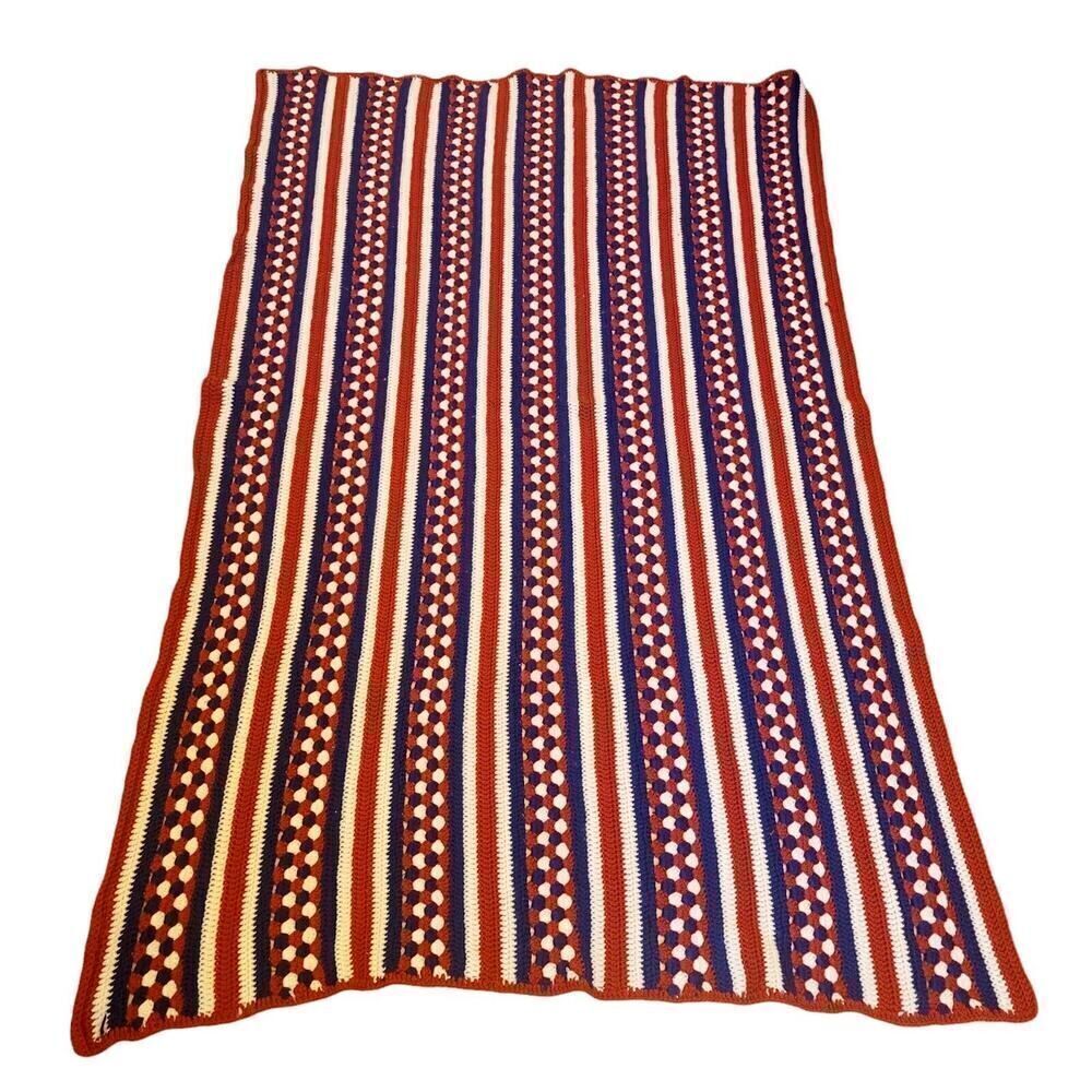 Vtg Knit Crocheted Blanket Throw Afghan 43" x 69" Red White Blue Stripes 70's - Picture 2 of 4